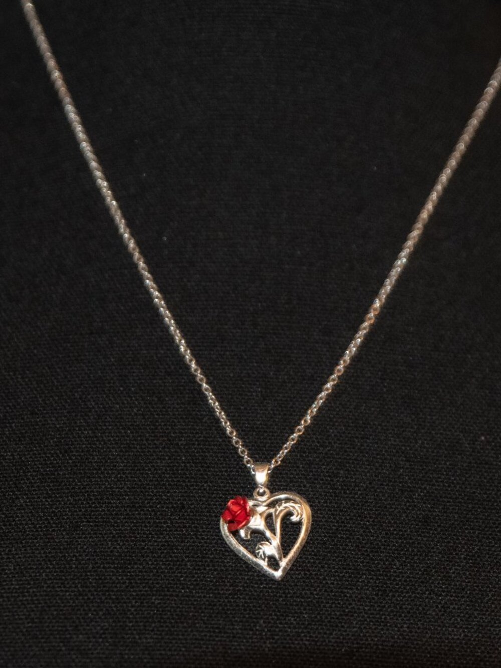 Sterling Silver chain necklace with open heart pendant with a small red rose